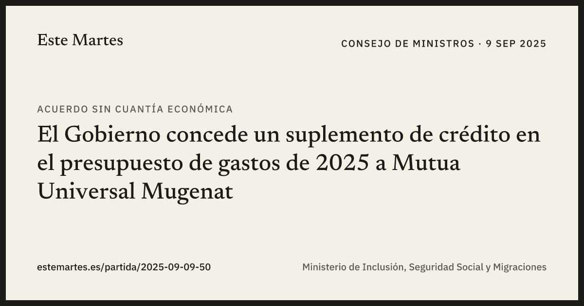 Tarjeta: El Gobierno concede un suplemento de crédito en el presupuesto de gastos de 2025 a Mutua Universal Mugenat