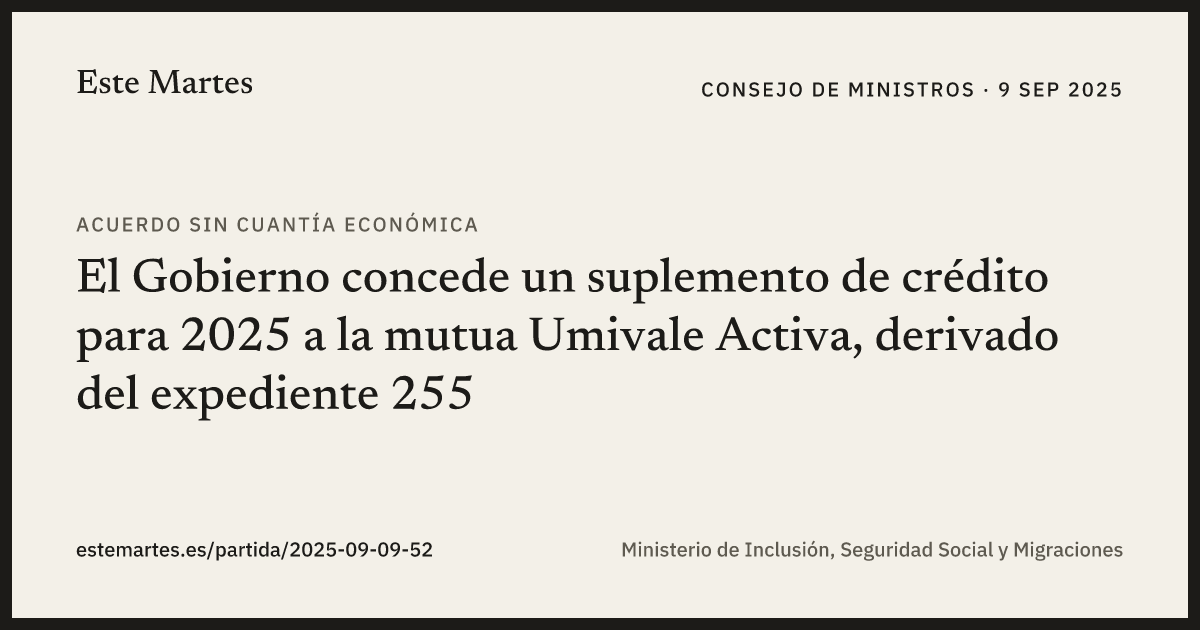 Tarjeta: El Gobierno concede un suplemento de crédito para 2025 a la mutua Umivale Activa, derivado del expediente 255