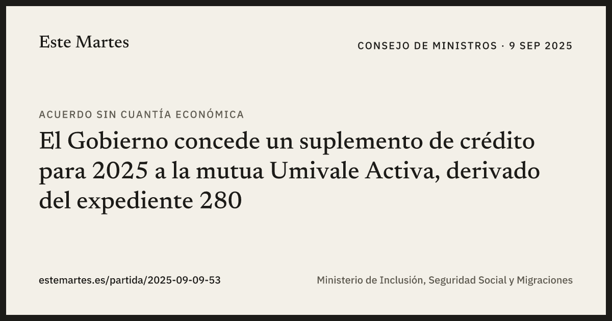 Tarjeta: El Gobierno concede un suplemento de crédito para 2025 a la mutua Umivale Activa, derivado del expediente 280