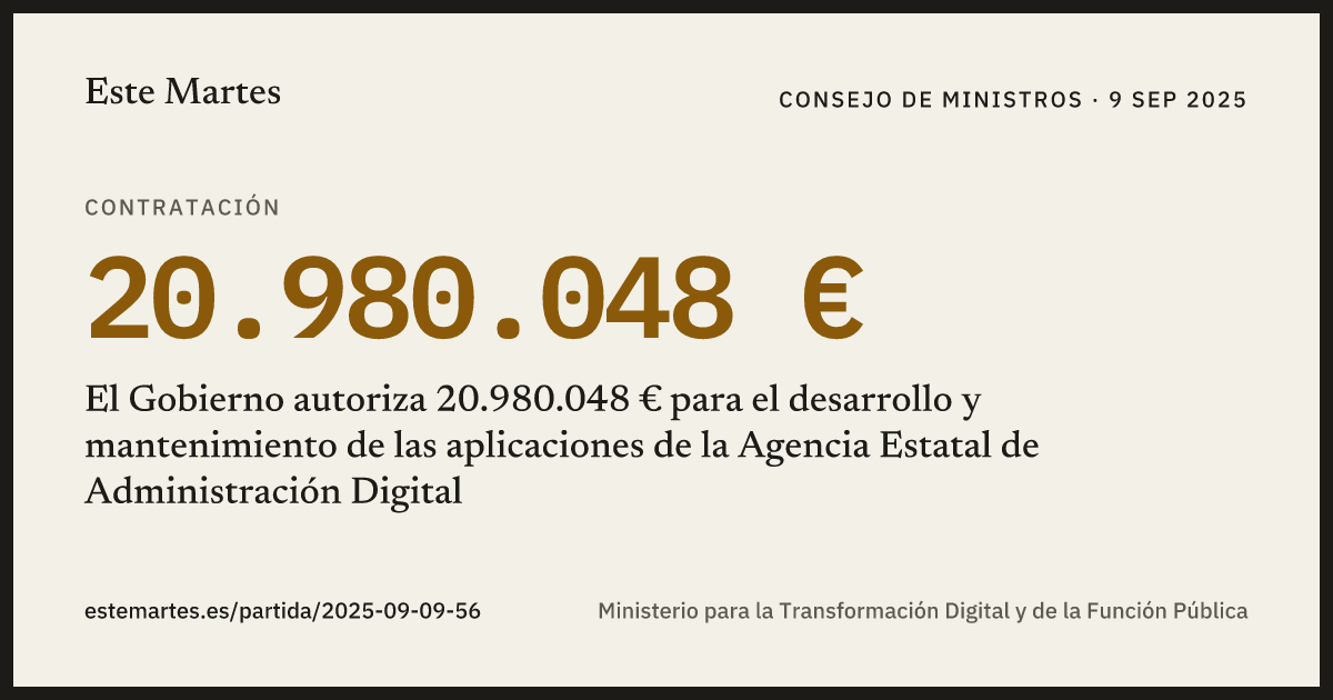 Tarjeta: El Gobierno autoriza 20.980.048 € para el desarrollo y mantenimiento de las aplicaciones de la Agencia Estatal de Administración Digital
