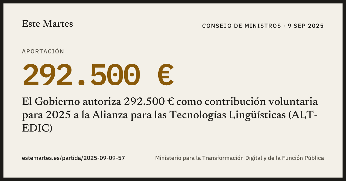 Tarjeta: El Gobierno autoriza 292.500 € como contribución voluntaria para 2025 a la Alianza para las Tecnologías Lingüísticas (ALT-EDIC)