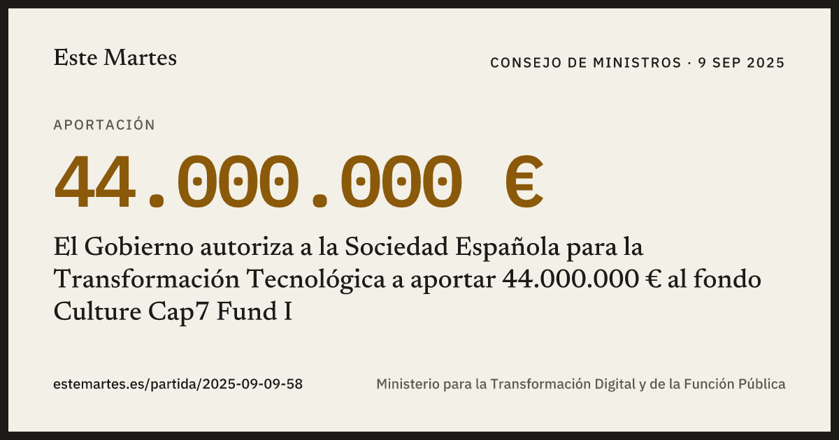 Tarjeta: El Gobierno autoriza a la Sociedad Española para la Transformación Tecnológica a aportar 44.000.000 € al fondo Culture Cap7 Fund I