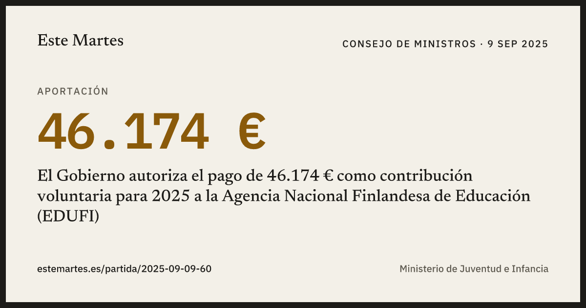 Tarjeta: El Gobierno autoriza el pago de 46.174 € como contribución voluntaria para 2025 a la Agencia Nacional Finlandesa de Educación (EDUFI)