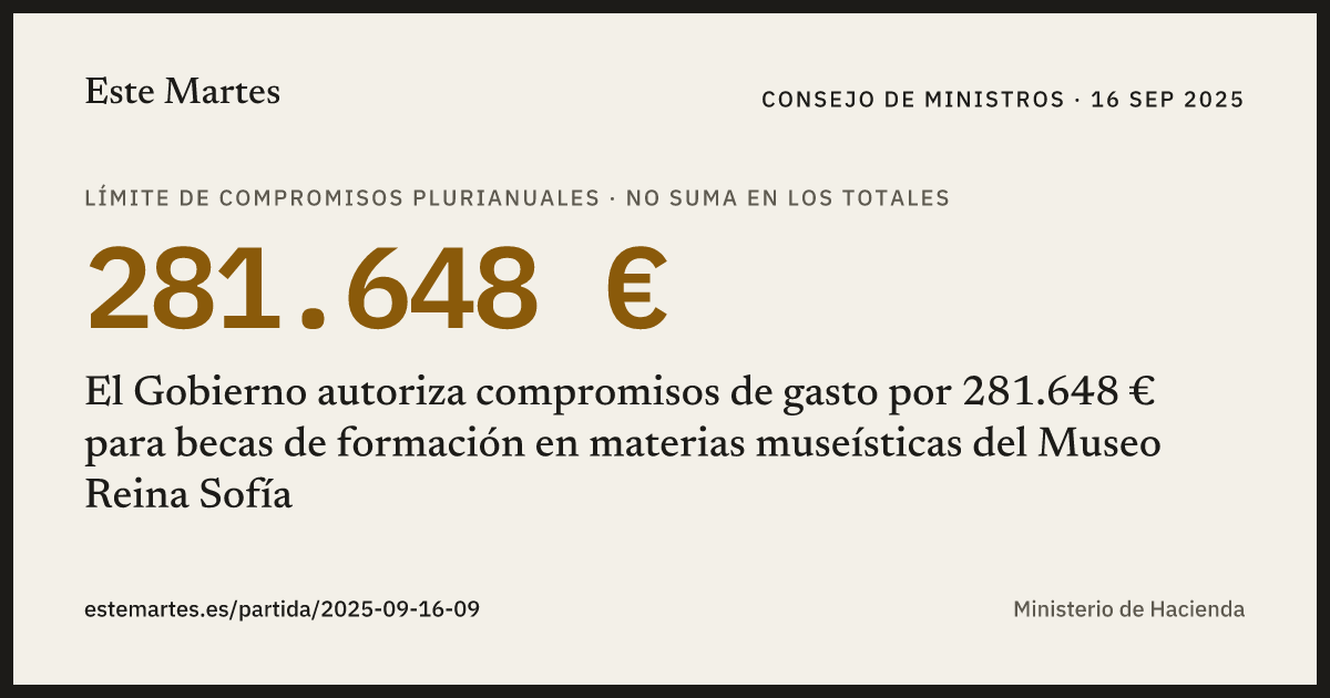 Tarjeta: El Gobierno autoriza compromisos de gasto por 281.648 € para becas de formación en materias museísticas del Museo Reina Sofía