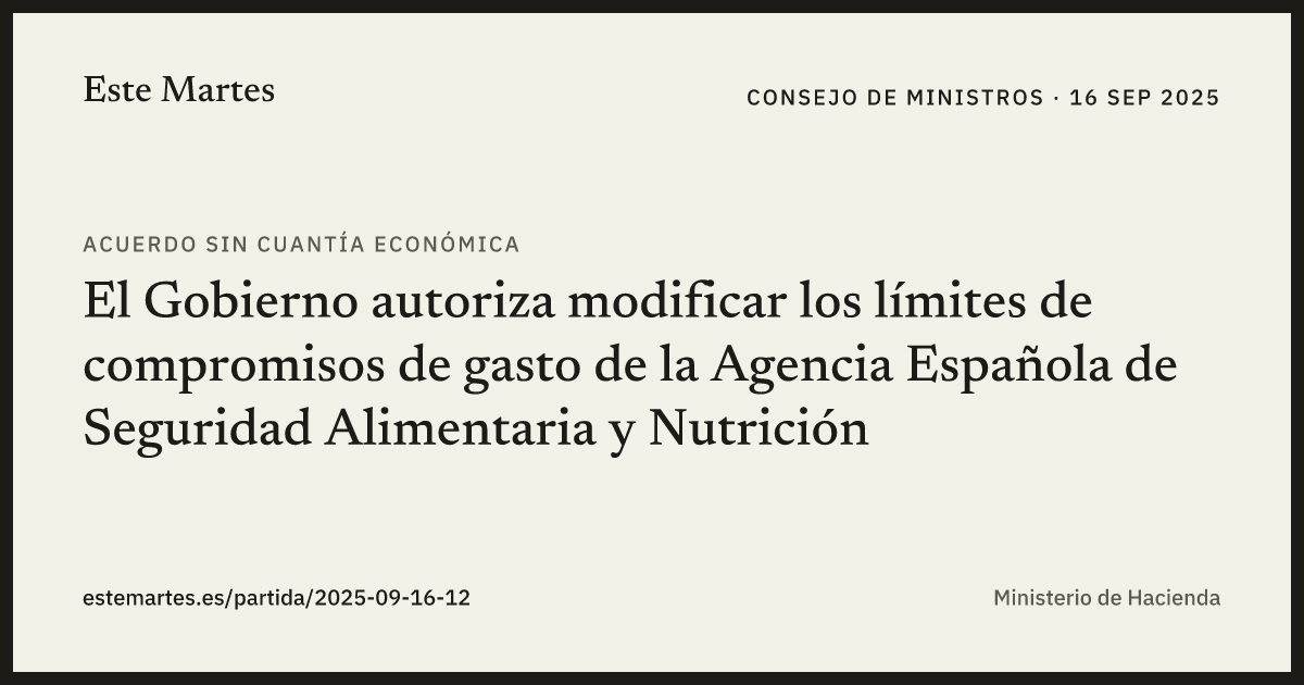 Tarjeta: El Gobierno autoriza modificar los límites de compromisos de gasto de la Agencia Española de Seguridad Alimentaria y Nutrición