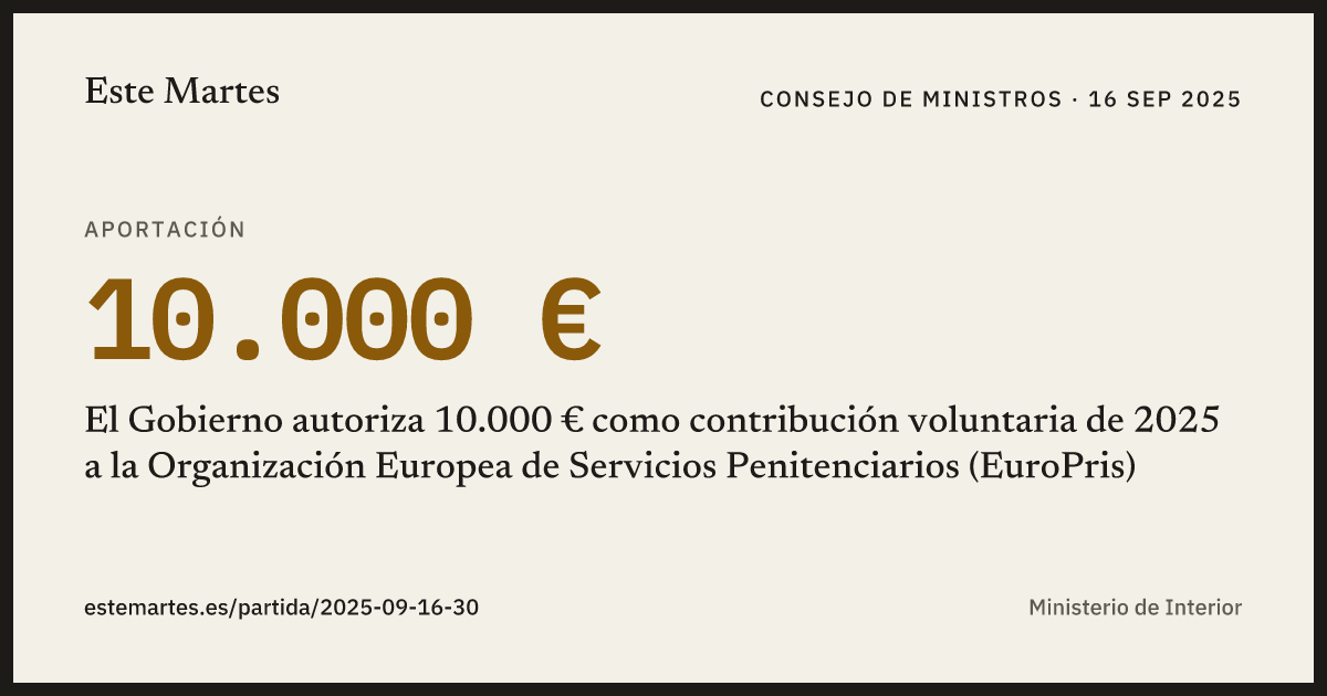 Tarjeta: El Gobierno autoriza 10.000 € como contribución voluntaria de 2025 a la Organización Europea de Servicios Penitenciarios (EuroPris)