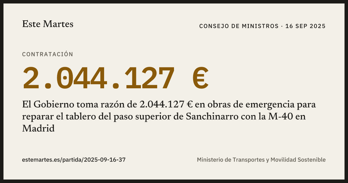 Tarjeta: El Gobierno toma razón de 2.044.127 € en obras de emergencia para reparar el tablero del paso superior de Sanchinarro con la M-40 en Madrid