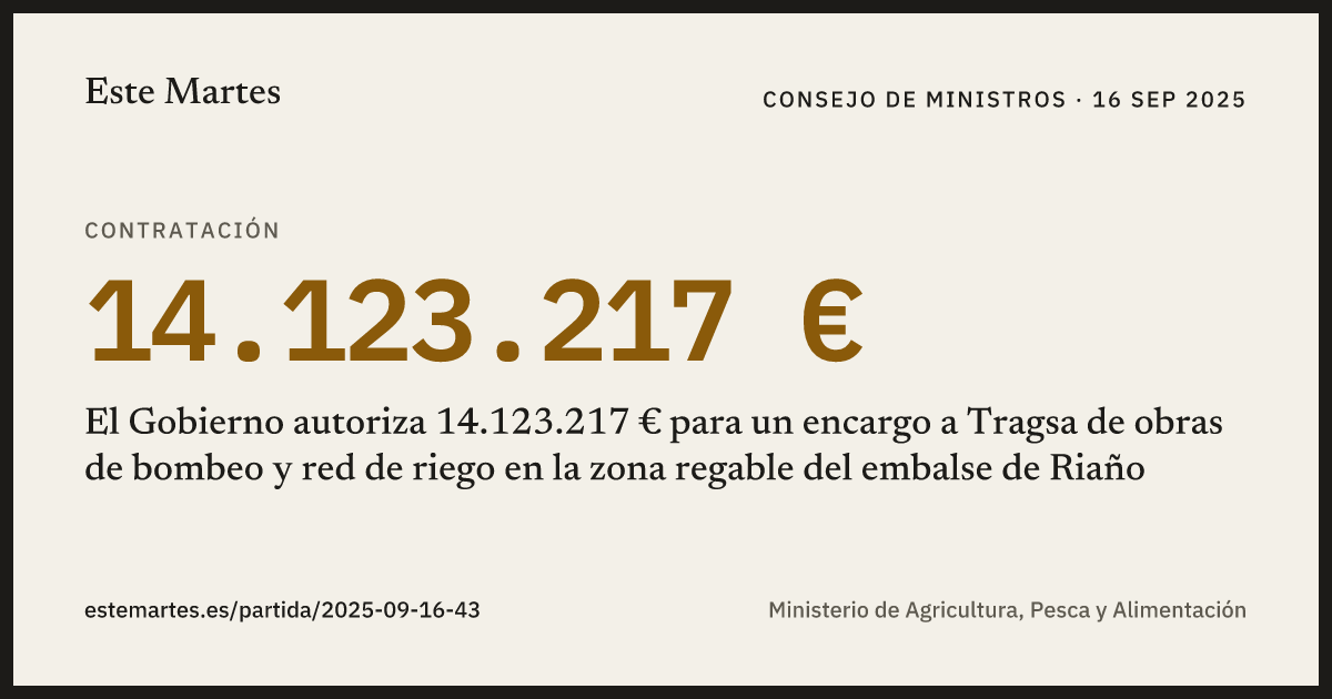 Tarjeta: El Gobierno autoriza 14.123.217 € para un encargo a Tragsa de obras de bombeo y red de riego en la zona regable del embalse de Riaño