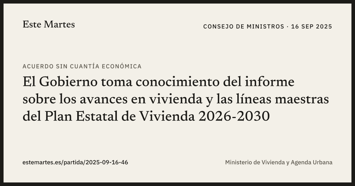Tarjeta: El Gobierno toma conocimiento del informe sobre los avances en vivienda y las líneas maestras del Plan Estatal de Vivienda 2026-2030