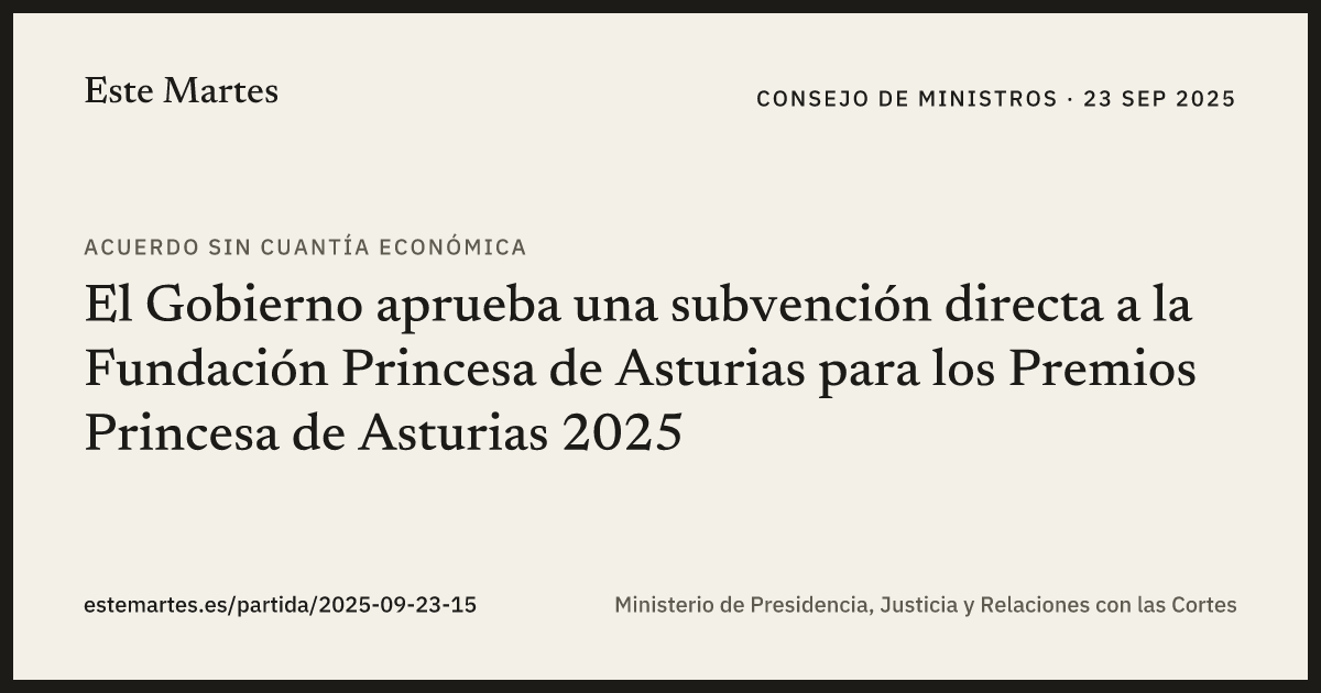 Tarjeta: El Gobierno aprueba una subvención directa a la Fundación Princesa de Asturias para los Premios Princesa de Asturias 2025