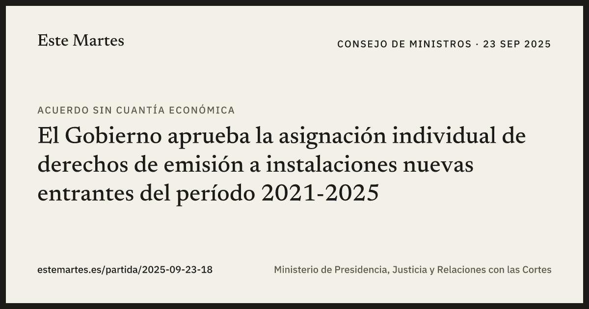 Tarjeta: El Gobierno aprueba la asignación individual de derechos de emisión a instalaciones nuevas entrantes del período 2021-2025