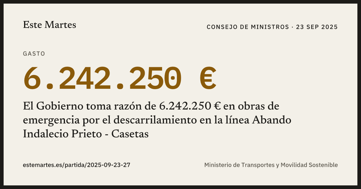 Tarjeta: El Gobierno toma razón de 6.242.250 € en obras de emergencia por el descarrilamiento en la línea Abando Indalecio Prieto - Casetas