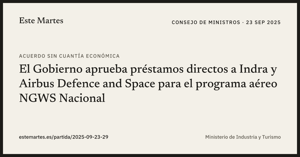 Tarjeta: El Gobierno aprueba préstamos directos a Indra y Airbus Defence and Space para el programa aéreo NGWS Nacional