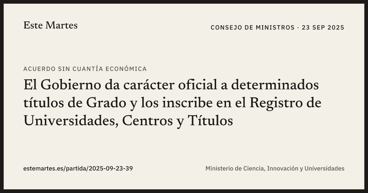 Tarjeta: El Gobierno da carácter oficial a determinados títulos de Grado y los inscribe en el Registro de Universidades, Centros y Títulos
