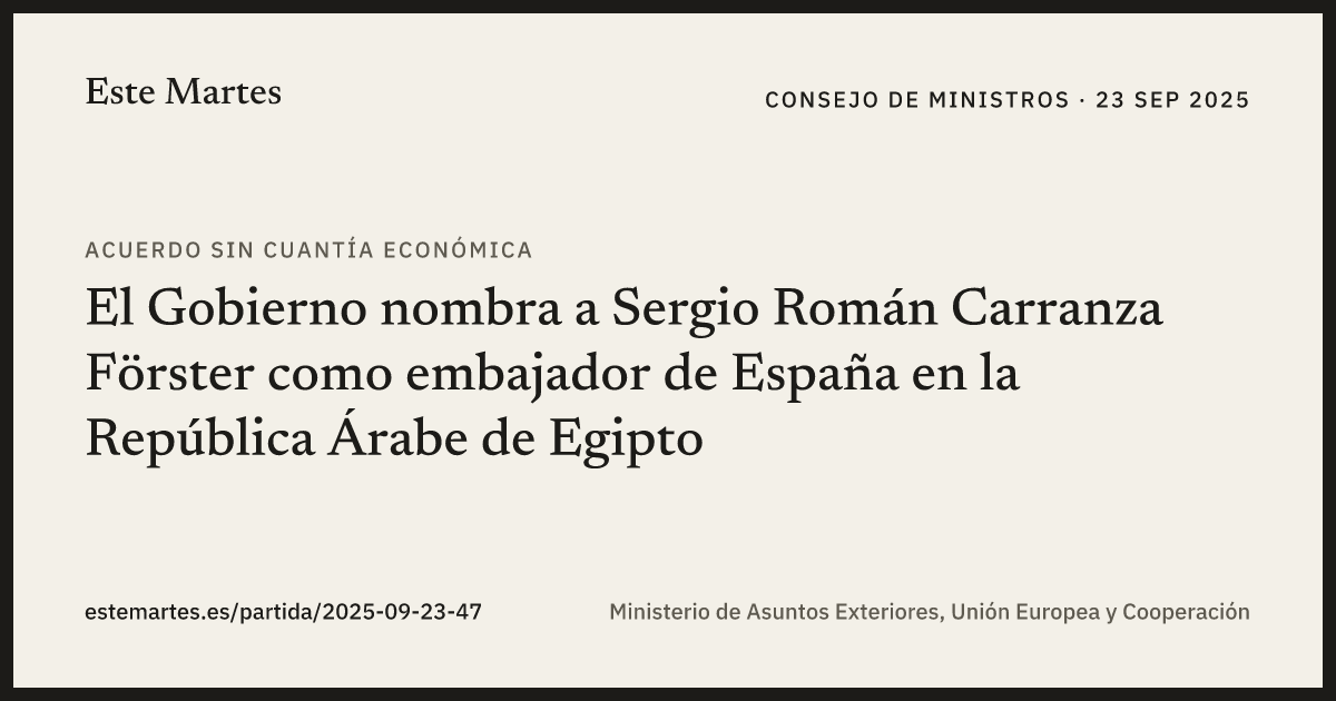 Tarjeta: El Gobierno nombra a Sergio Román Carranza Förster como embajador de España en la República Árabe de Egipto