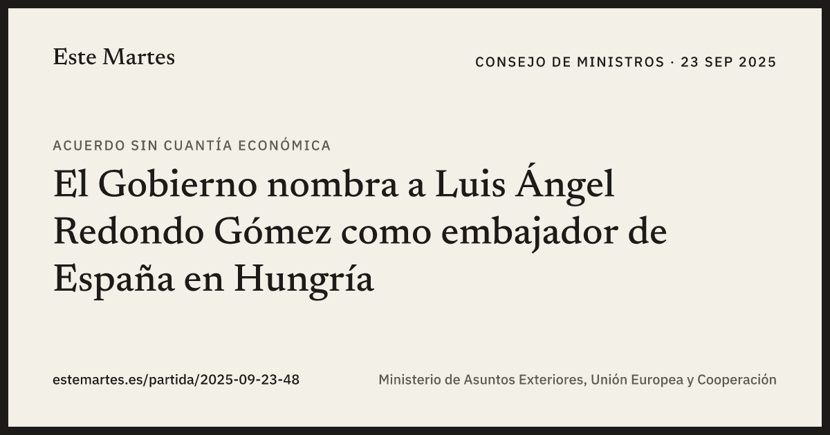 Tarjeta: El Gobierno nombra a Luis Ángel Redondo Gómez como embajador de España en Hungría