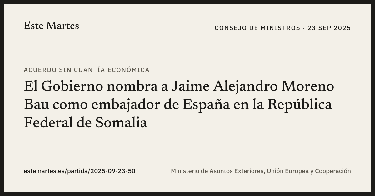 Tarjeta: El Gobierno nombra a Jaime Alejandro Moreno Bau como embajador de España en la República Federal de Somalia