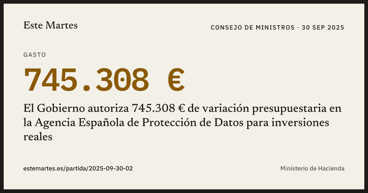 Tarjeta: El Gobierno autoriza 745.308 € de variación presupuestaria en la Agencia Española de Protección de Datos para inversiones reales