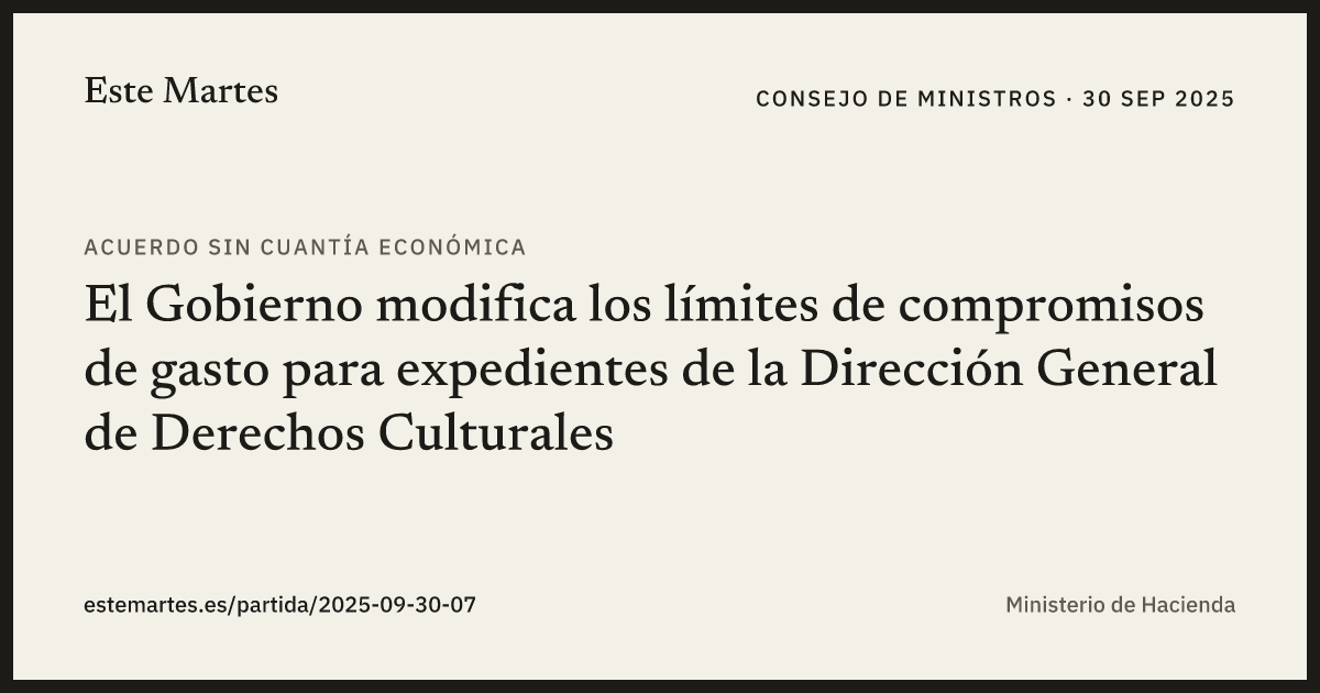 Tarjeta: El Gobierno modifica los límites de compromisos de gasto para expedientes de la Dirección General de Derechos Culturales