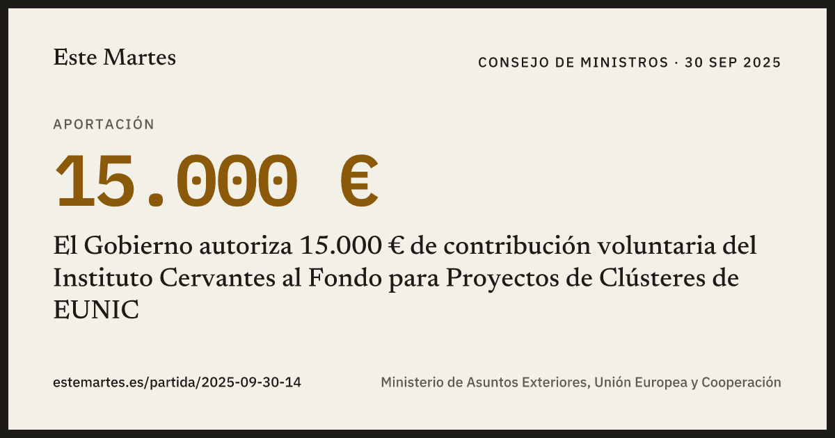 Tarjeta: El Gobierno autoriza 15.000 € de contribución voluntaria del Instituto Cervantes al Fondo para Proyectos de Clústeres de EUNIC