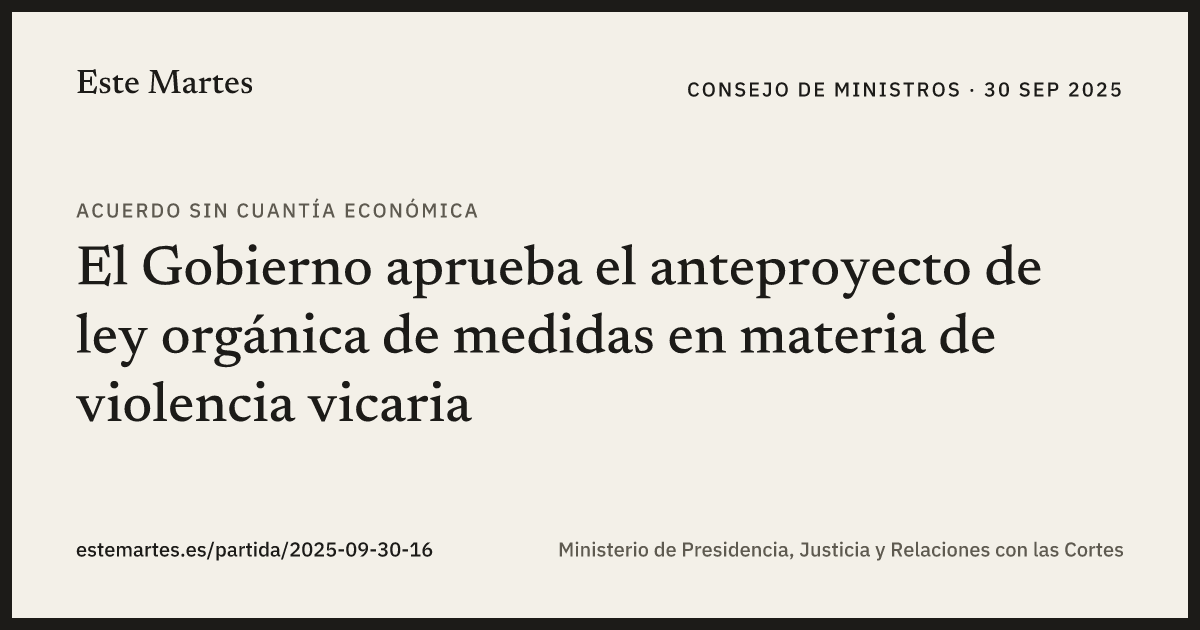 Tarjeta: El Gobierno aprueba el anteproyecto de ley orgánica de medidas en materia de violencia vicaria