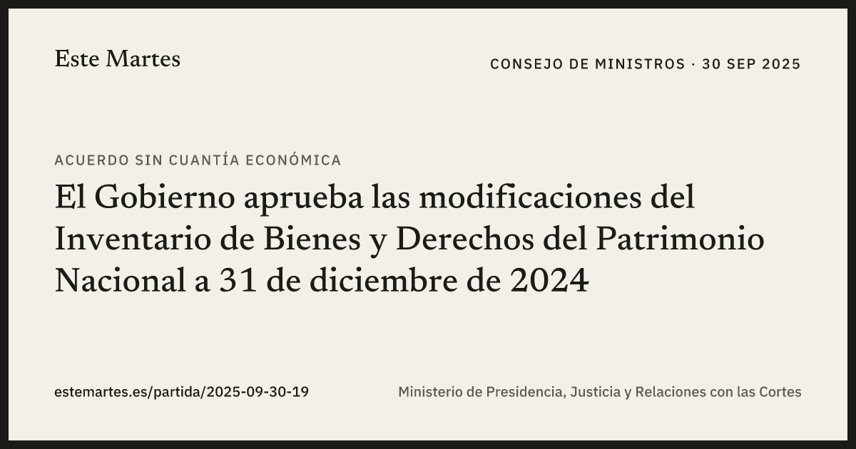 Tarjeta: El Gobierno aprueba las modificaciones del Inventario de Bienes y Derechos del Patrimonio Nacional a 31 de diciembre de 2024