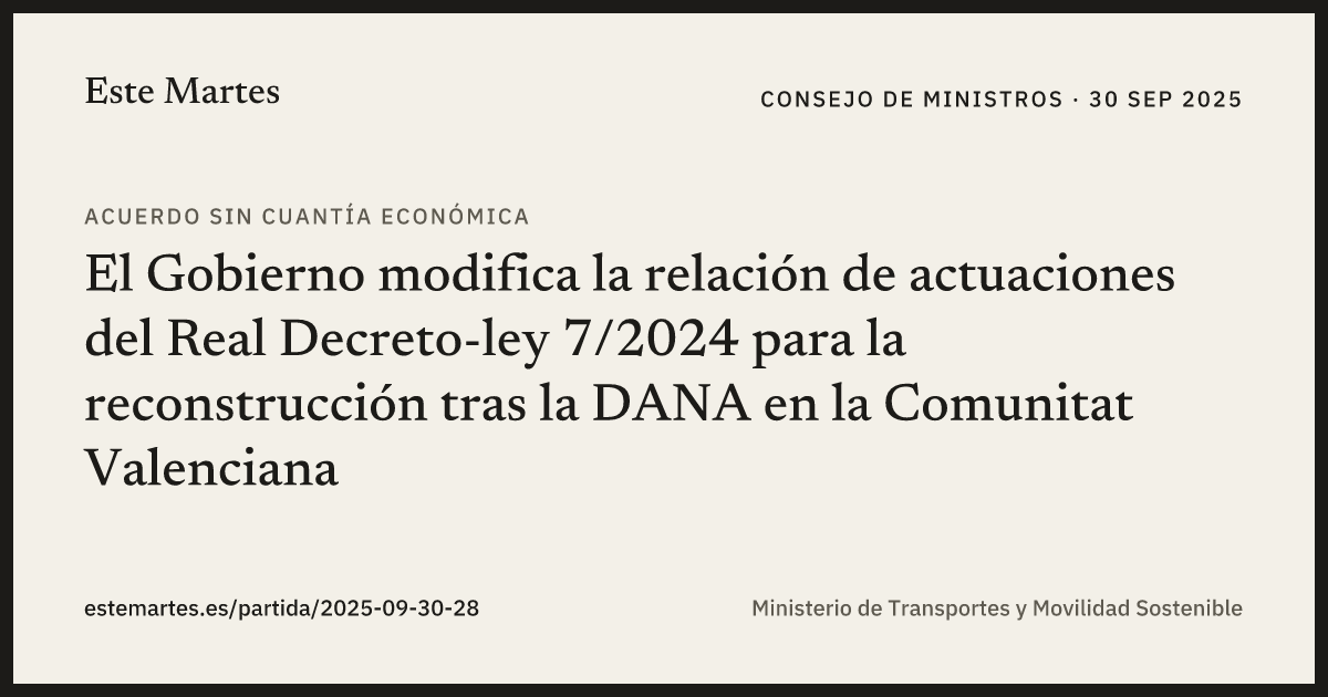 Tarjeta: El Gobierno modifica la relación de actuaciones del Real Decreto-ley 7/2024 para la reconstrucción tras la DANA en la Comunitat Valenciana
