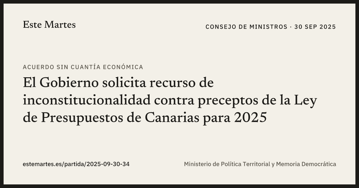 Tarjeta: El Gobierno solicita recurso de inconstitucionalidad contra preceptos de la Ley de Presupuestos de Canarias para 2025
