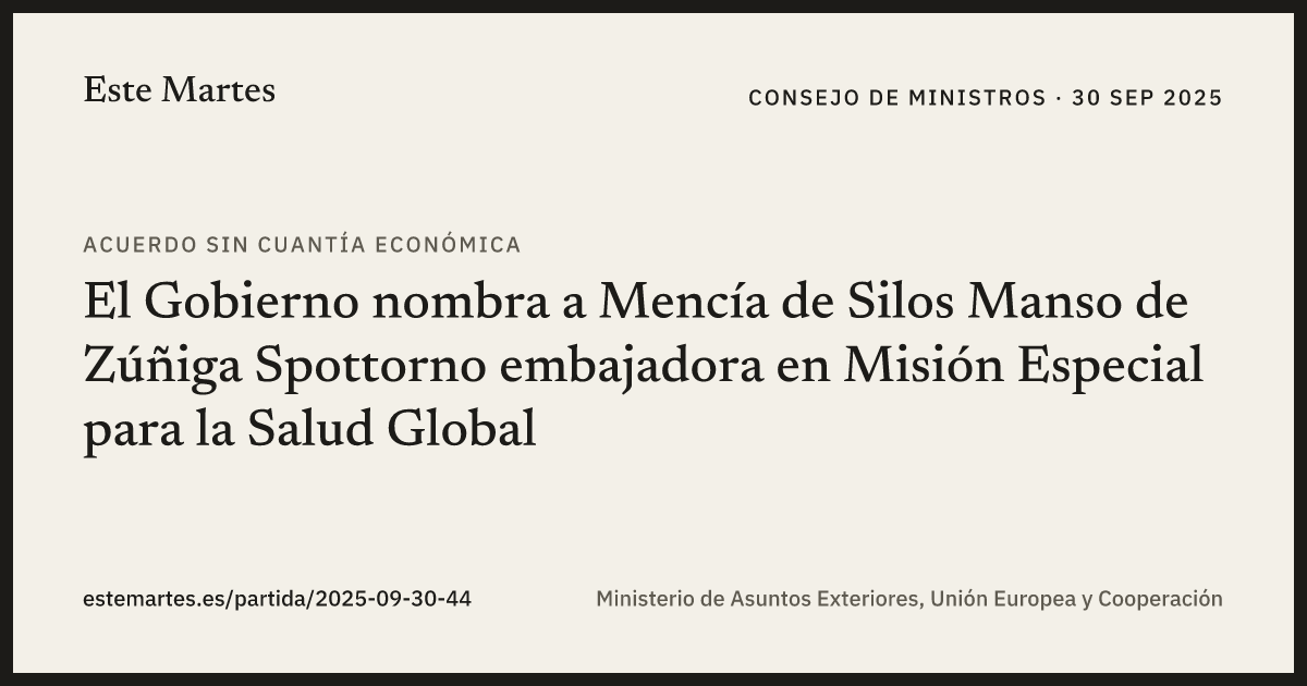 Tarjeta: El Gobierno nombra a Mencía de Silos Manso de Zúñiga Spottorno embajadora en Misión Especial para la Salud Global