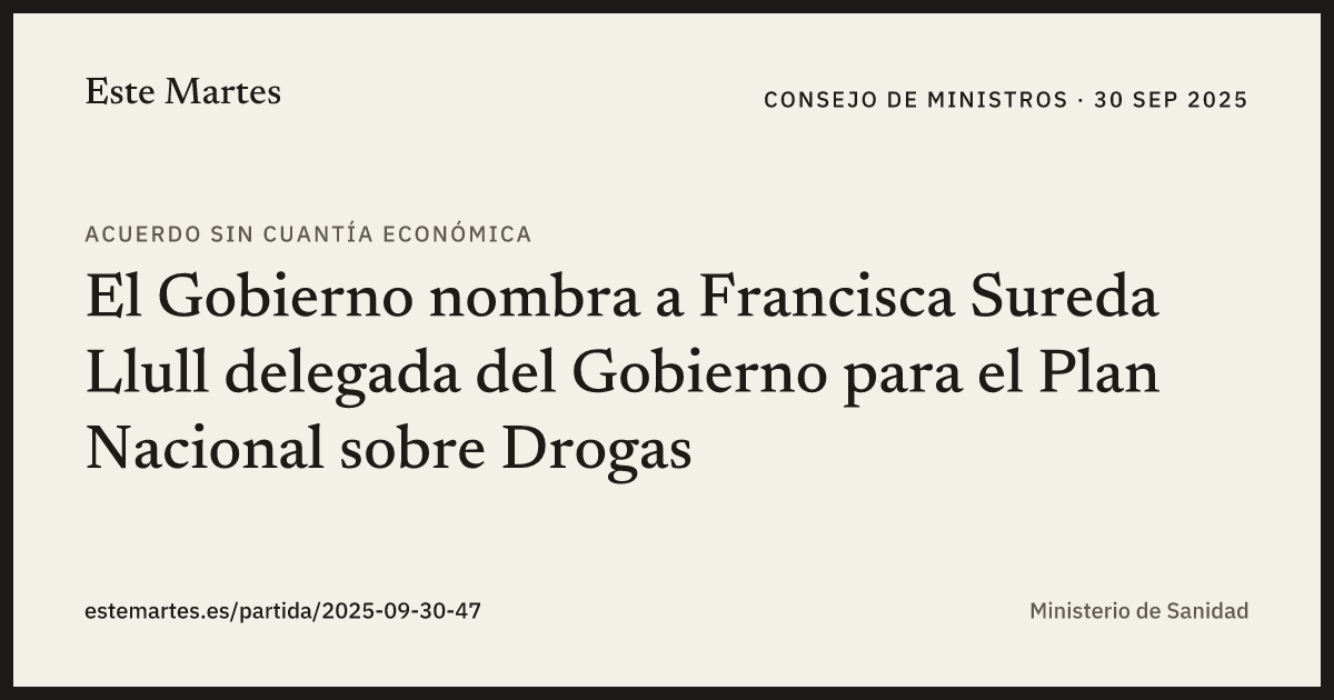 Tarjeta: El Gobierno nombra a Francisca Sureda Llull delegada del Gobierno para el Plan Nacional sobre Drogas