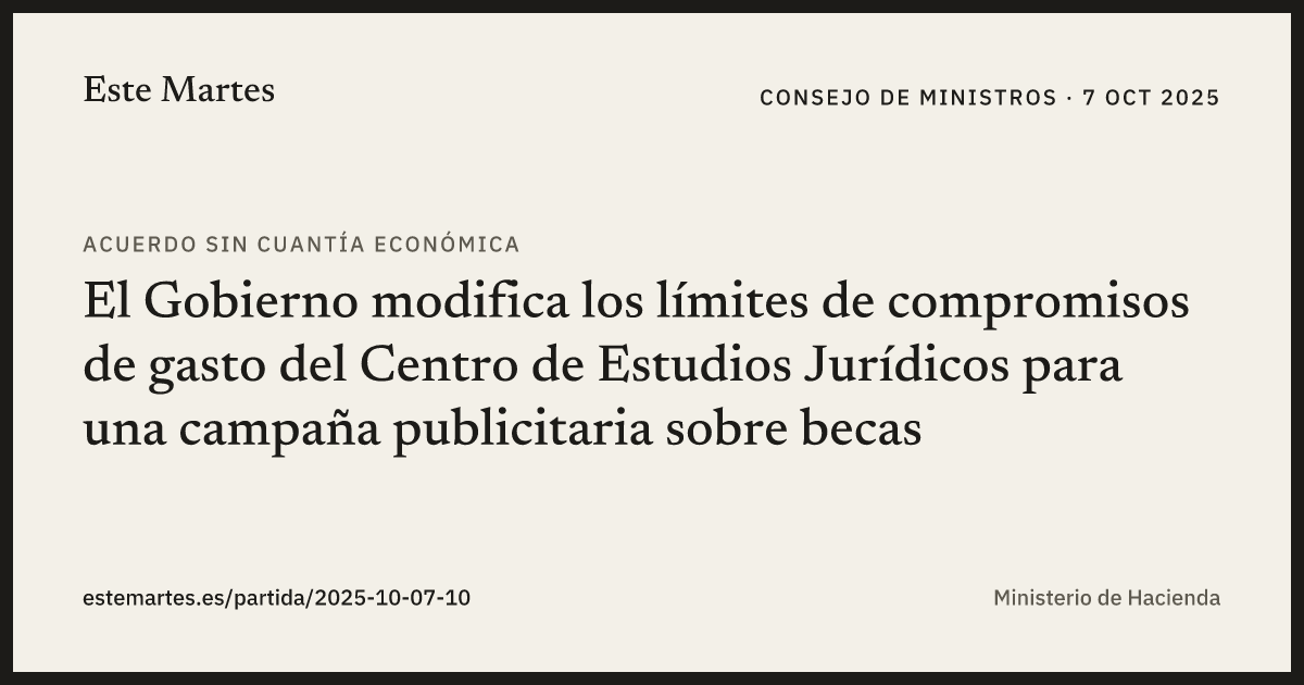 Tarjeta: El Gobierno modifica los límites de compromisos de gasto del Centro de Estudios Jurídicos para una campaña publicitaria sobre becas