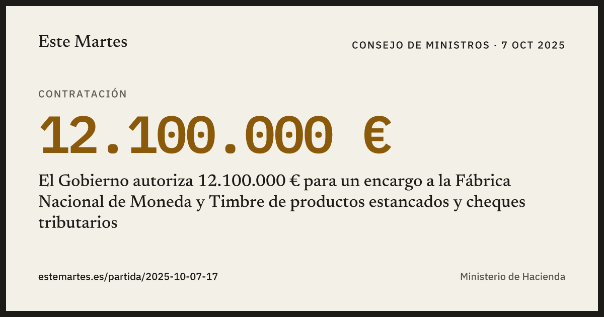 Tarjeta: El Gobierno autoriza 12.100.000 € para un encargo a la Fábrica Nacional de Moneda y Timbre de productos estancados y cheques tributarios