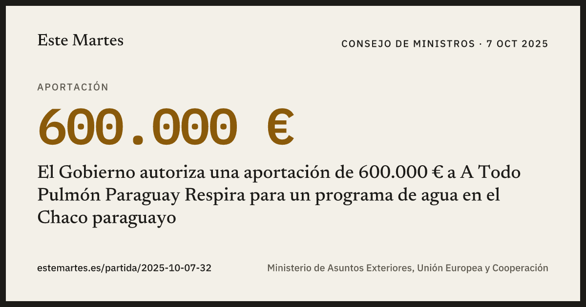 Tarjeta: El Gobierno autoriza una aportación de 600.000 € a A Todo Pulmón Paraguay Respira para un programa de agua en el Chaco paraguayo