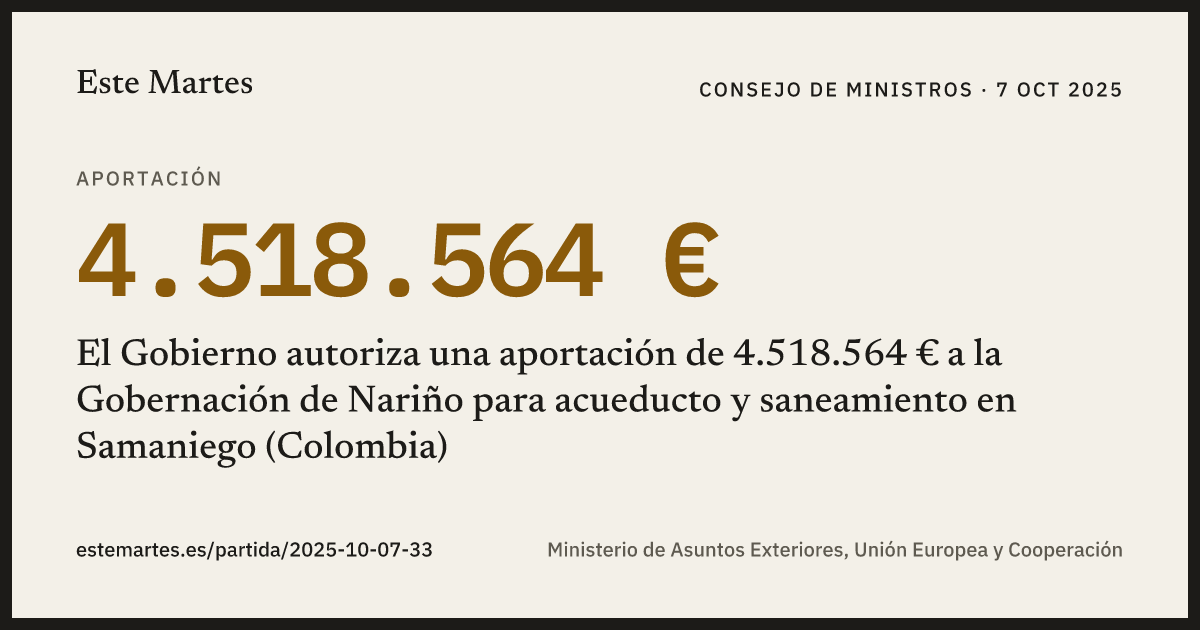 Tarjeta: El Gobierno autoriza una aportación de 4.518.564 € a la Gobernación de Nariño para acueducto y saneamiento en Samaniego (Colombia)