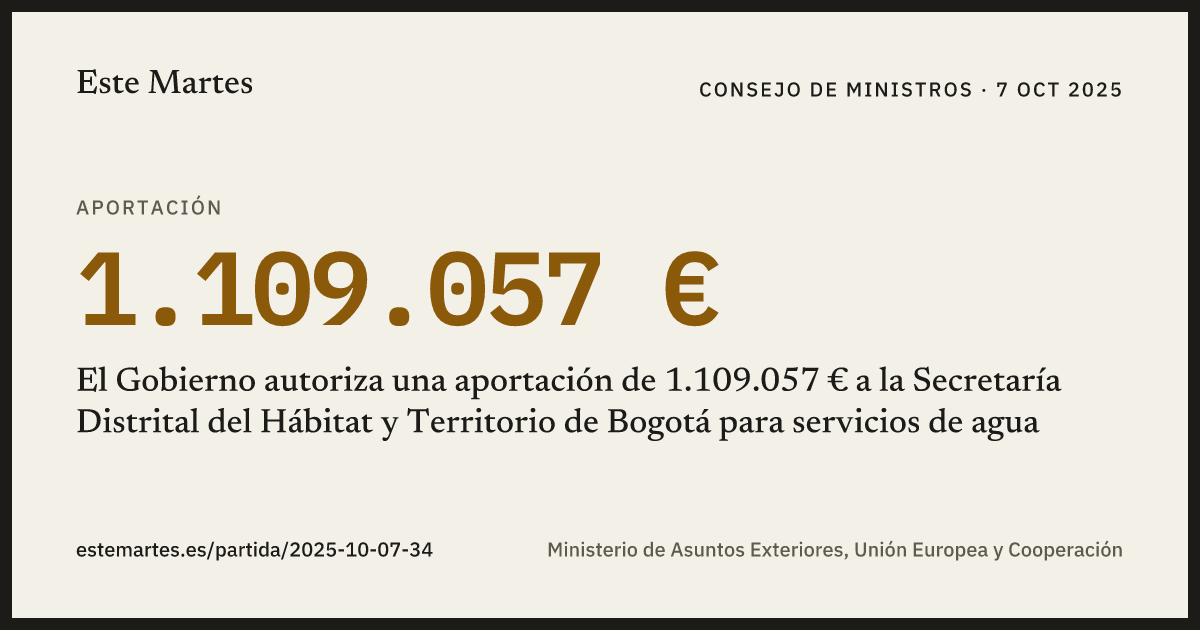 Tarjeta: El Gobierno autoriza una aportación de 1.109.057 € a la Secretaría Distrital del Hábitat y Territorio de Bogotá para servicios de agua