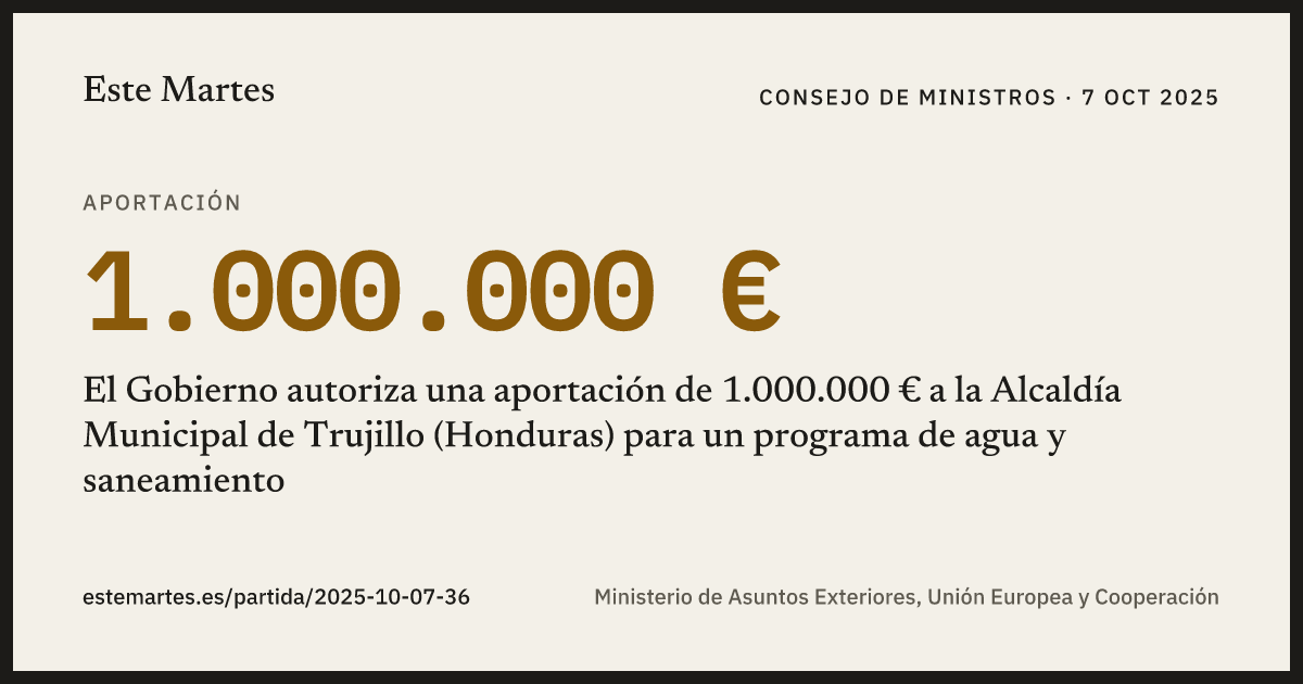 Tarjeta: El Gobierno autoriza una aportación de 1.000.000 € a la Alcaldía Municipal de Trujillo (Honduras) para un programa de agua y saneamiento