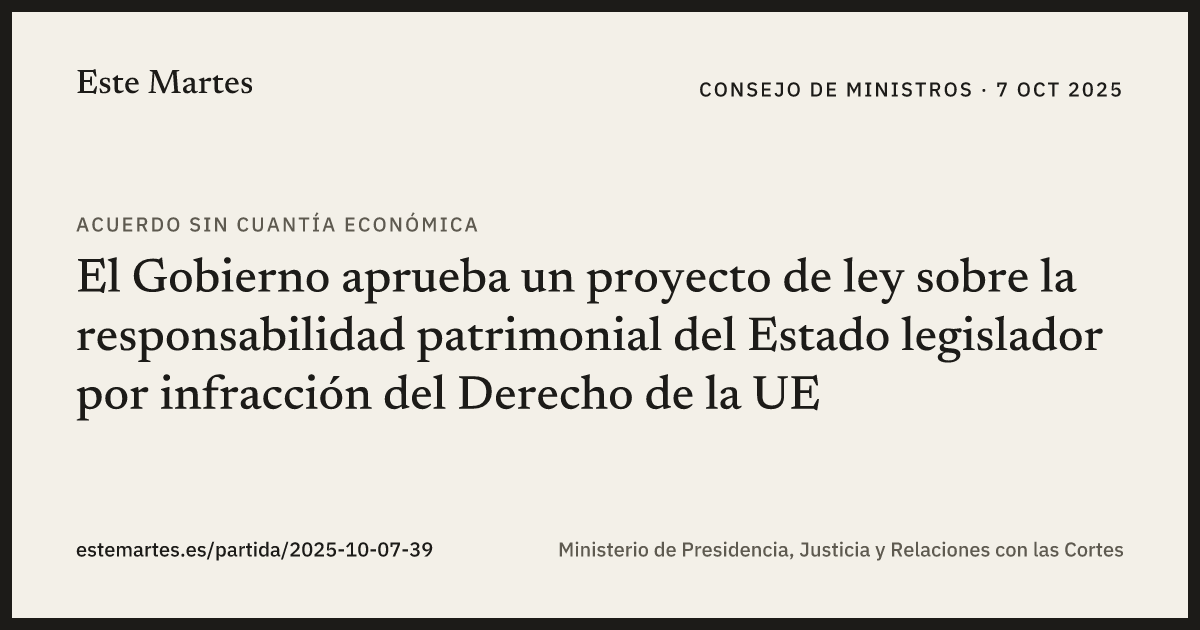 Tarjeta: El Gobierno aprueba un proyecto de ley sobre la responsabilidad patrimonial del Estado legislador por infracción del Derecho de la UE