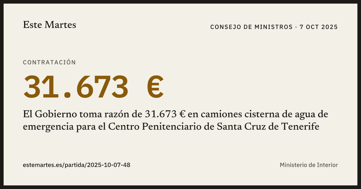 Tarjeta: El Gobierno toma razón de 31.673 € en camiones cisterna de agua de emergencia para el Centro Penitenciario de Santa Cruz de Tenerife