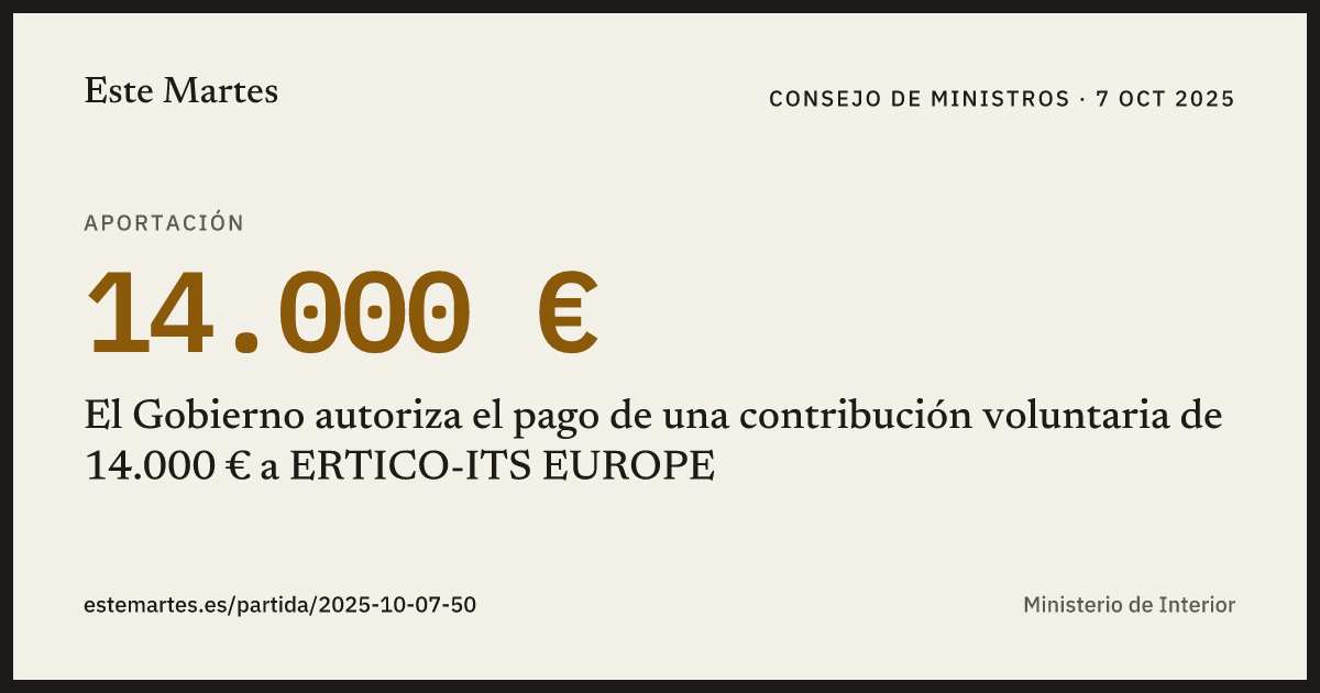 Tarjeta: El Gobierno autoriza el pago de una contribución voluntaria de 14.000 € a ERTICO-ITS EUROPE