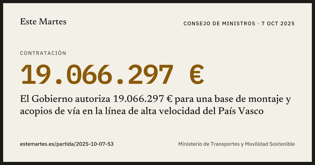 Tarjeta: El Gobierno autoriza 19.066.297 € para una base de montaje y acopios de vía en la línea de alta velocidad del País Vasco