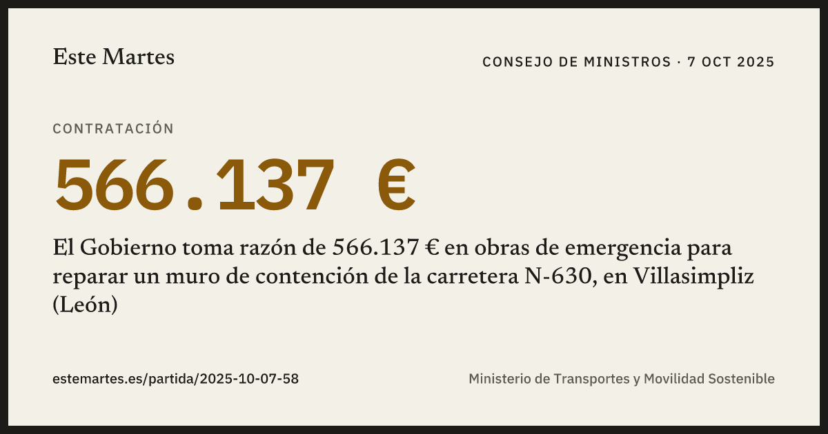 Tarjeta: El Gobierno toma razón de 566.137 € en obras de emergencia para reparar un muro de contención de la carretera N-630, en Villasimpliz (León)