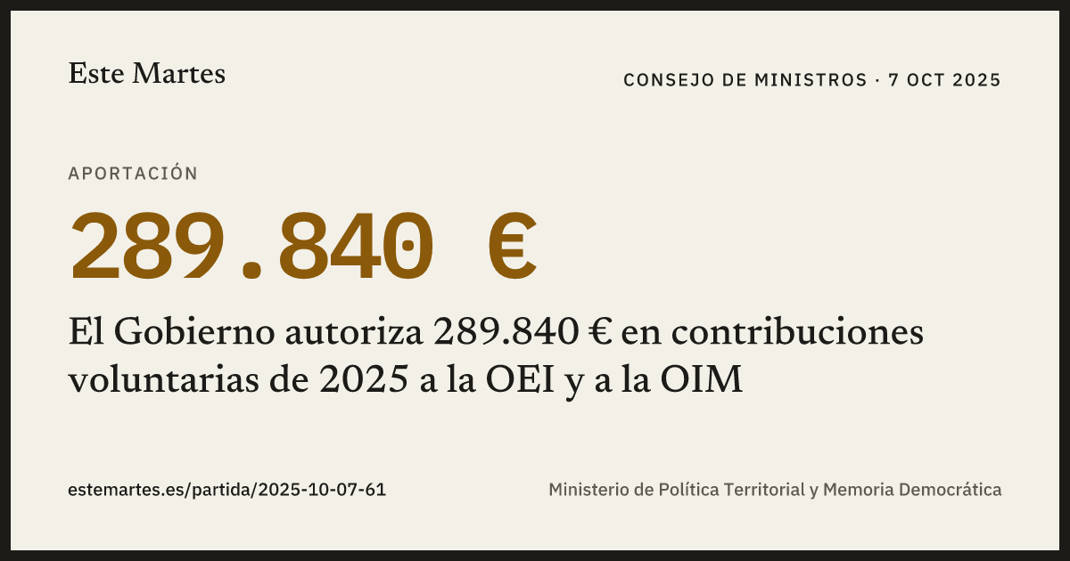 Tarjeta: El Gobierno autoriza 289.840 € en contribuciones voluntarias de 2025 a la OEI y a la OIM