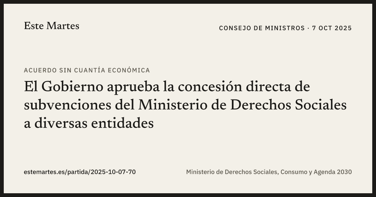 Tarjeta: El Gobierno aprueba la concesión directa de subvenciones del Ministerio de Derechos Sociales a diversas entidades