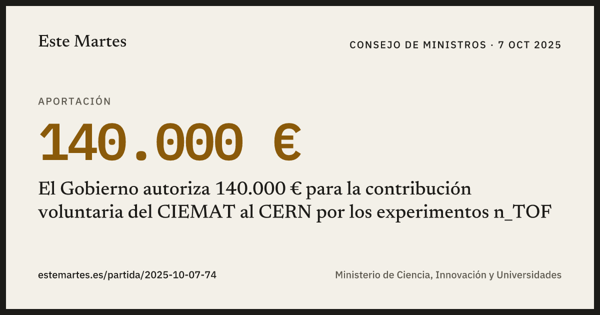 Tarjeta: El Gobierno autoriza 140.000 € para la contribución voluntaria del CIEMAT al CERN por los experimentos n_TOF