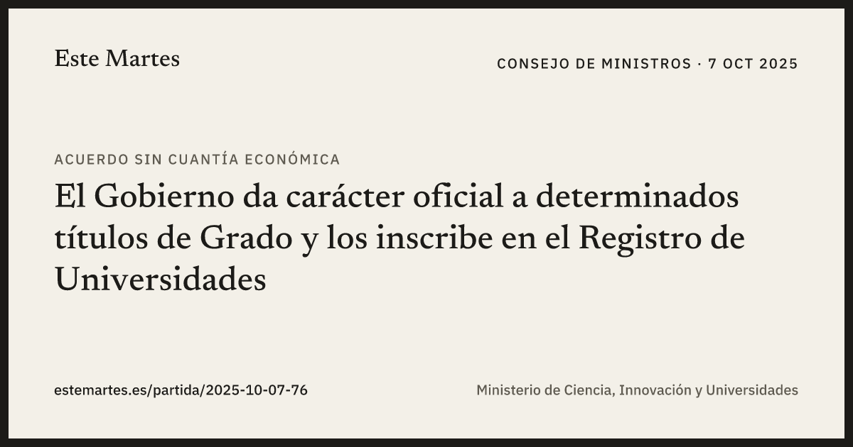 Tarjeta: El Gobierno da carácter oficial a determinados títulos de Grado y los inscribe en el Registro de Universidades
