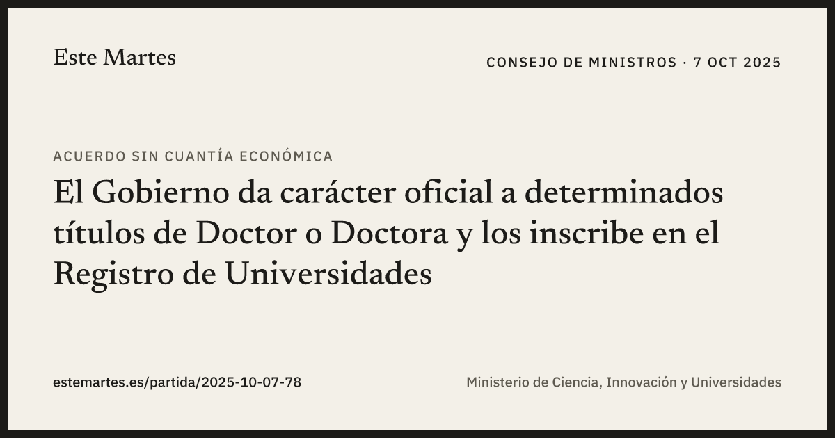 Tarjeta: El Gobierno da carácter oficial a determinados títulos de Doctor o Doctora y los inscribe en el Registro de Universidades