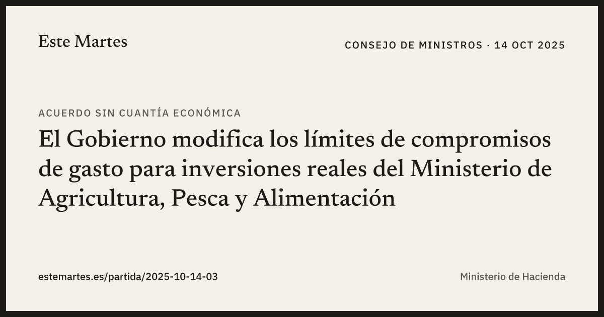 Tarjeta: El Gobierno modifica los límites de compromisos de gasto para inversiones reales del Ministerio de Agricultura, Pesca y Alimentación
