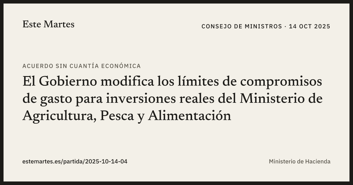 Tarjeta: El Gobierno modifica los límites de compromisos de gasto para inversiones reales del Ministerio de Agricultura, Pesca y Alimentación