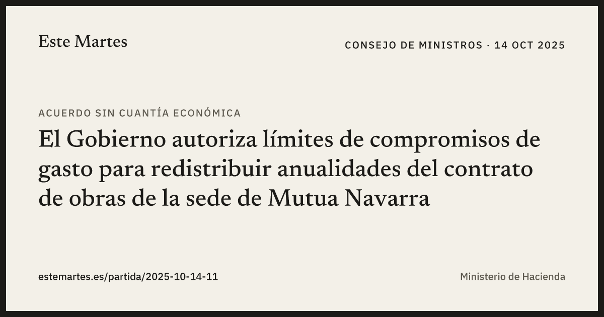 Tarjeta: El Gobierno autoriza límites de compromisos de gasto para redistribuir anualidades del contrato de obras de la sede de Mutua Navarra