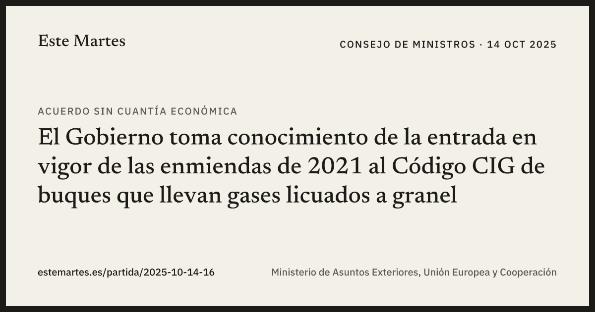 Tarjeta: El Gobierno toma conocimiento de la entrada en vigor de las enmiendas de 2021 al Código CIG de buques que llevan gases licuados a granel